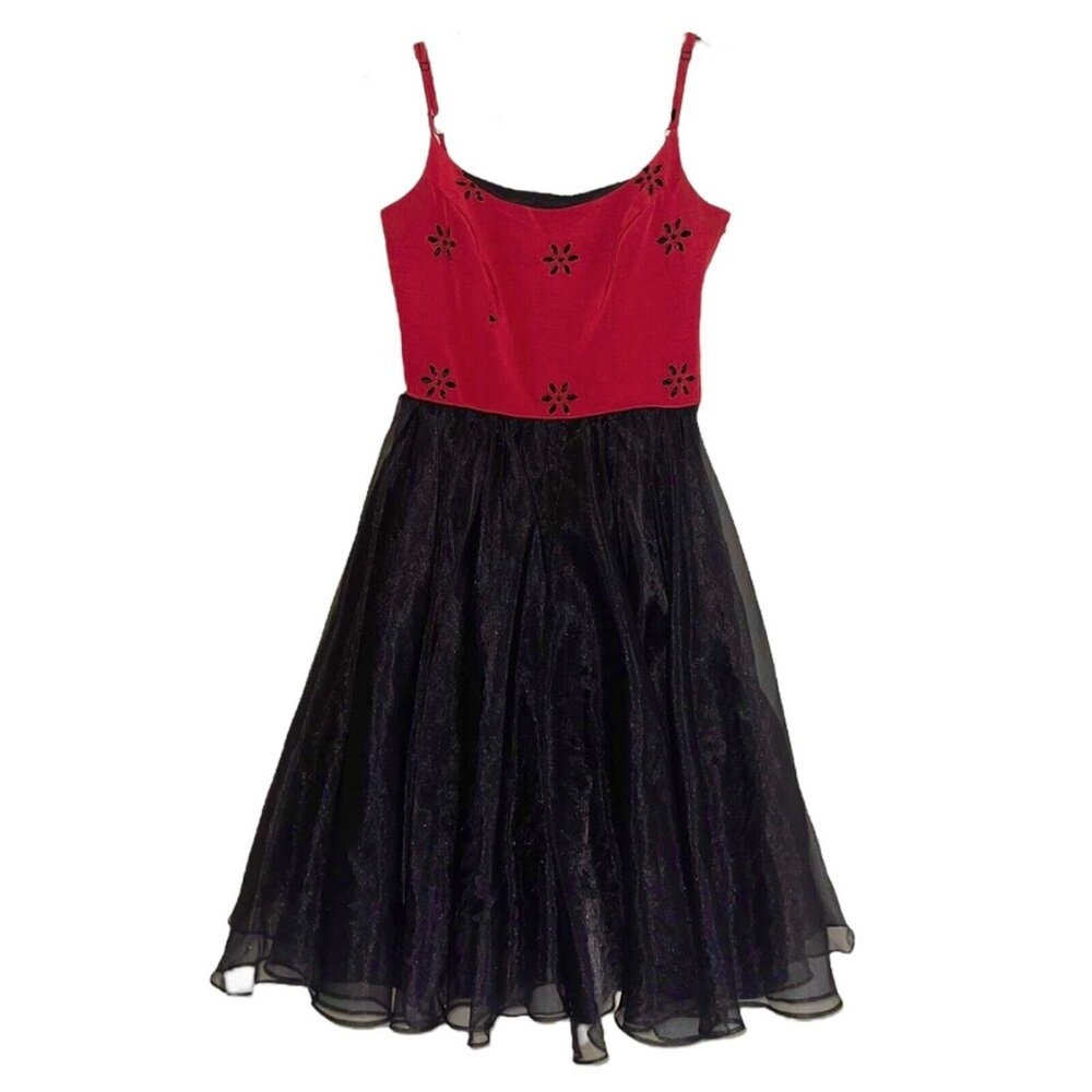 Betsy Johnson Evening Dress Size S Red Embroidered Top Black Puffy Chiffon Skirt